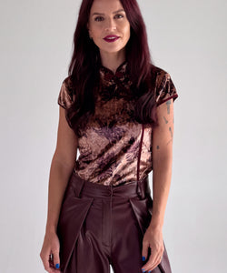 AVA VELVET MANDARIN TOP - BROWN