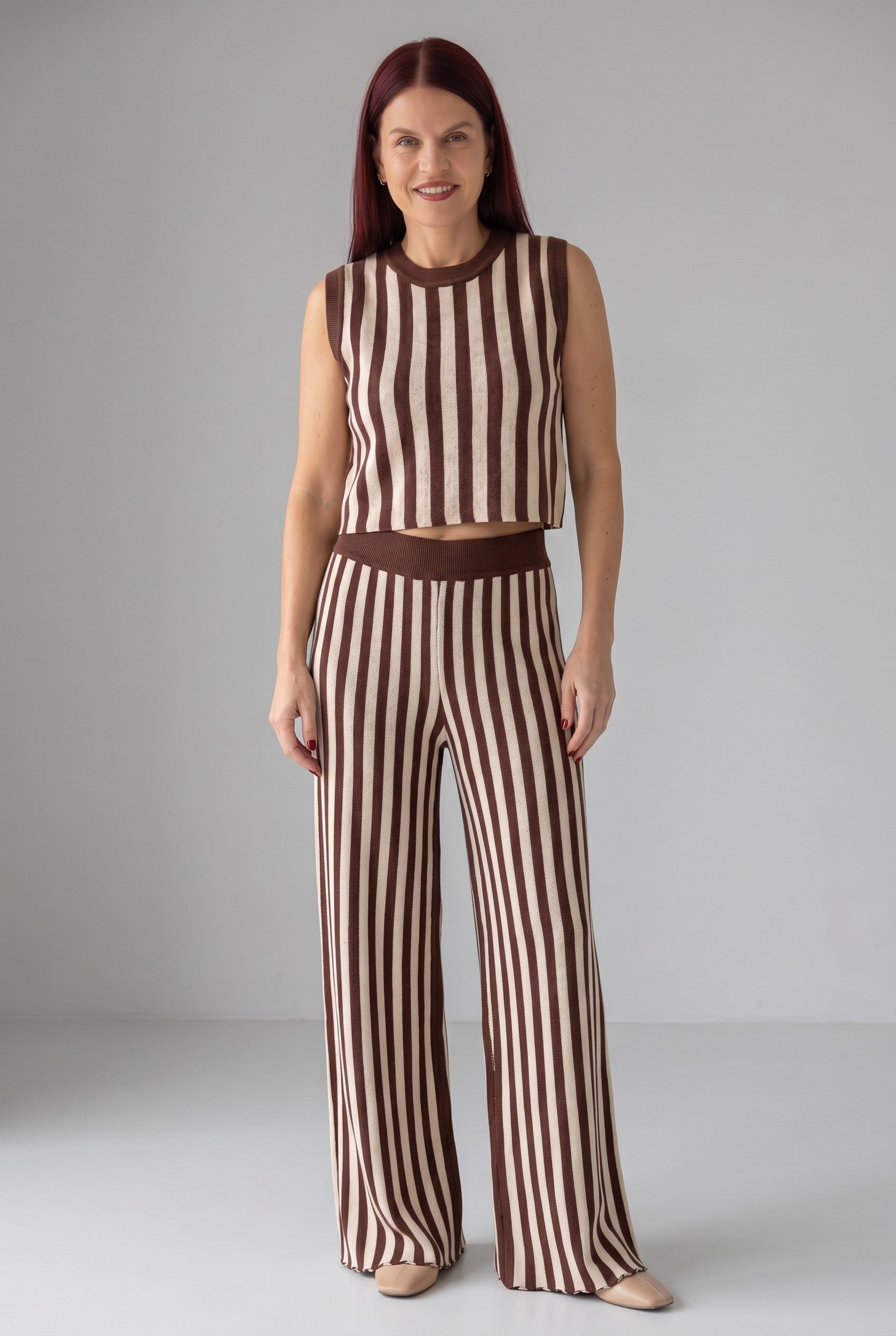 Bob & Bill bruine gestreepte viscose broek met wijde pijpen en hoge taille, perfect voor een co-ord set.