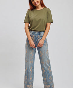 Bob & Bill Nina high-waist straight leg jeans with all-over floral embroidery in light blue denim.
