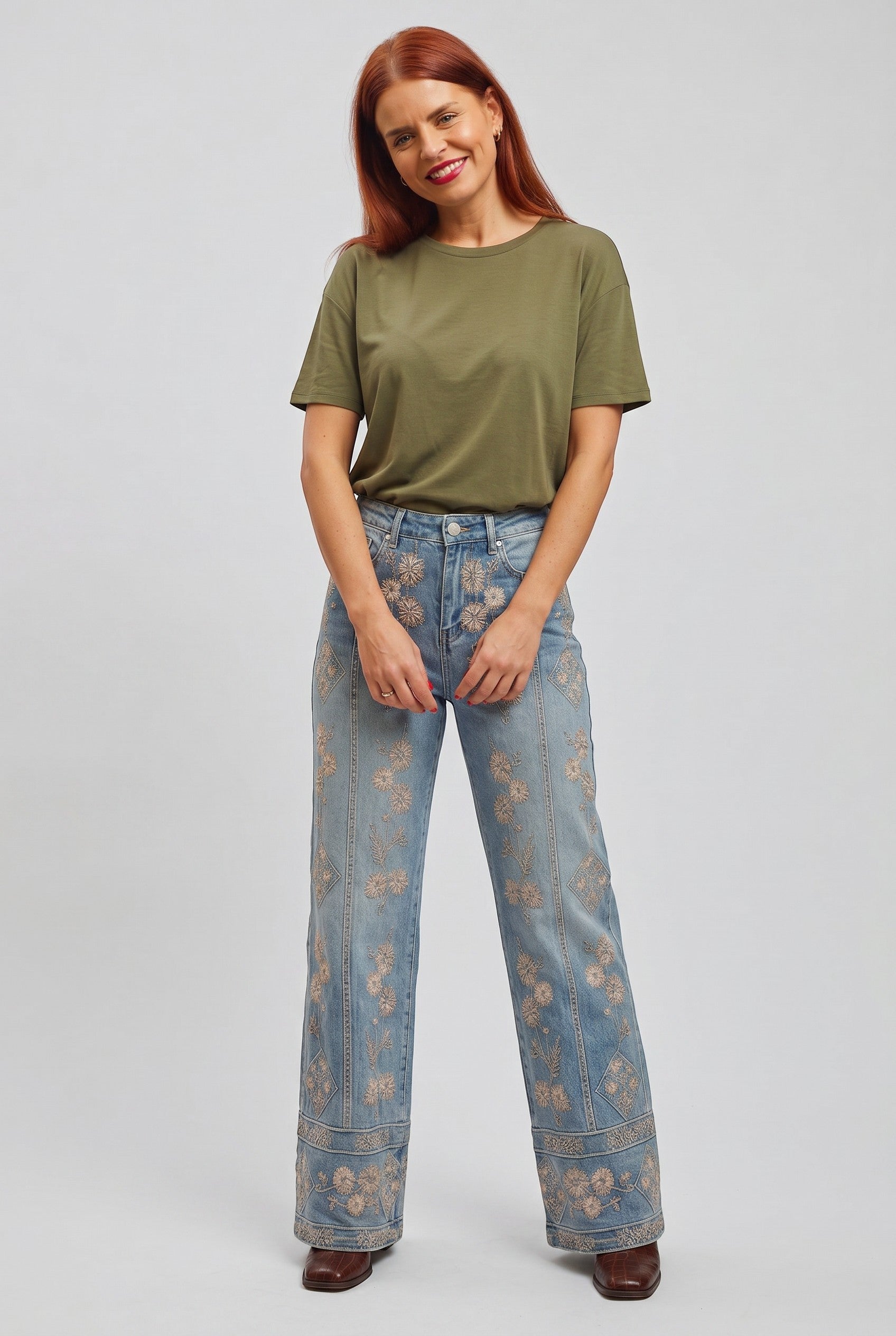 Bob & Bill Nina high-waist straight leg jeans with all-over floral embroidery in light blue denim.