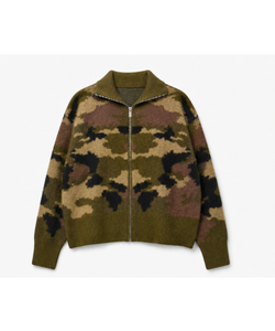 Bob & Bill army green camo knit cardigan with a front zipper closure and long sleeves in a comfortable one size fit.
