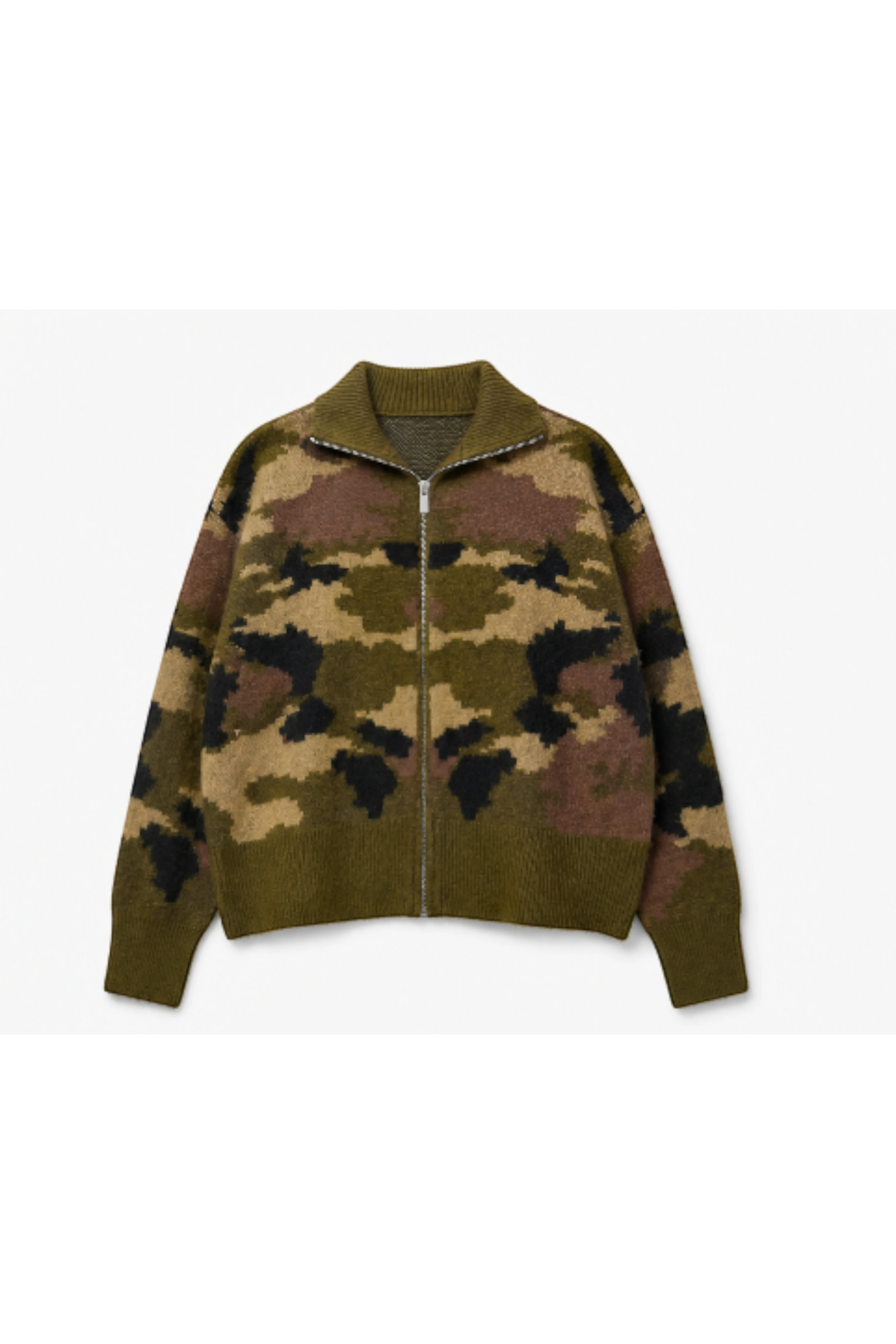 Bob & Bill army green camo knit cardigan with a front zipper closure and long sleeves in a comfortable one size fit.