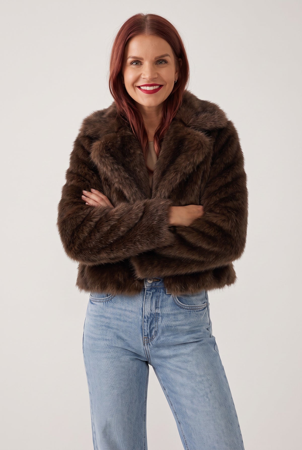Woman wearing a Bob & Bill chocolate brown fuzzy faux fur jacket with an oversized collar and chunky fit