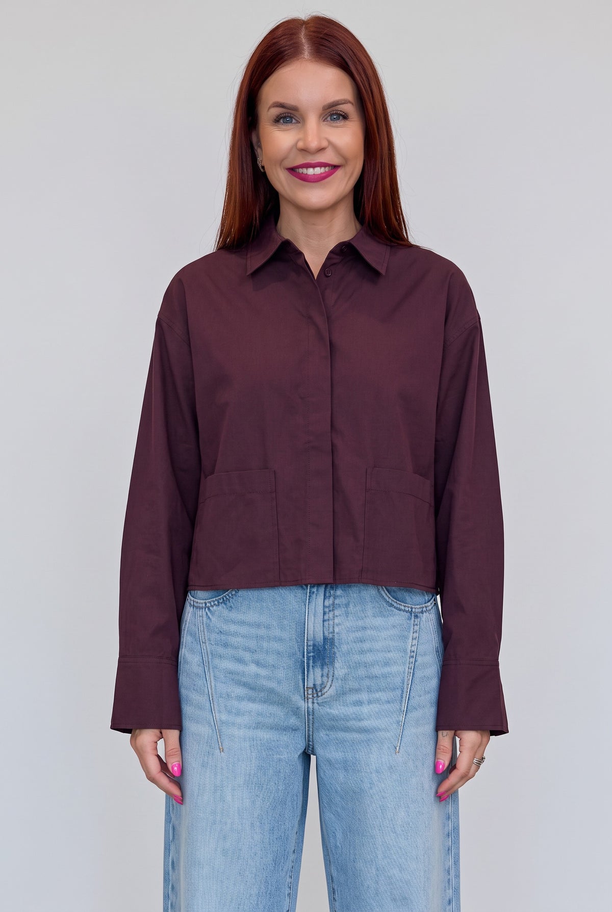 Bob & Bill YAS fig purple organic cotton long sleeve shirt with a classic collar and button front closure.