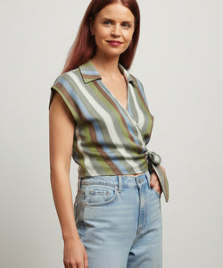 Bob & Bill green striped wrap blouse with V-neck, collar, and tie detail. Made from 85% lyocell and 15% nylon.