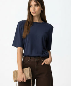 Bob & Bill ISLA TEE in navy blue viscose with puff sleeves and open back detail. Loose fit, follows the body.