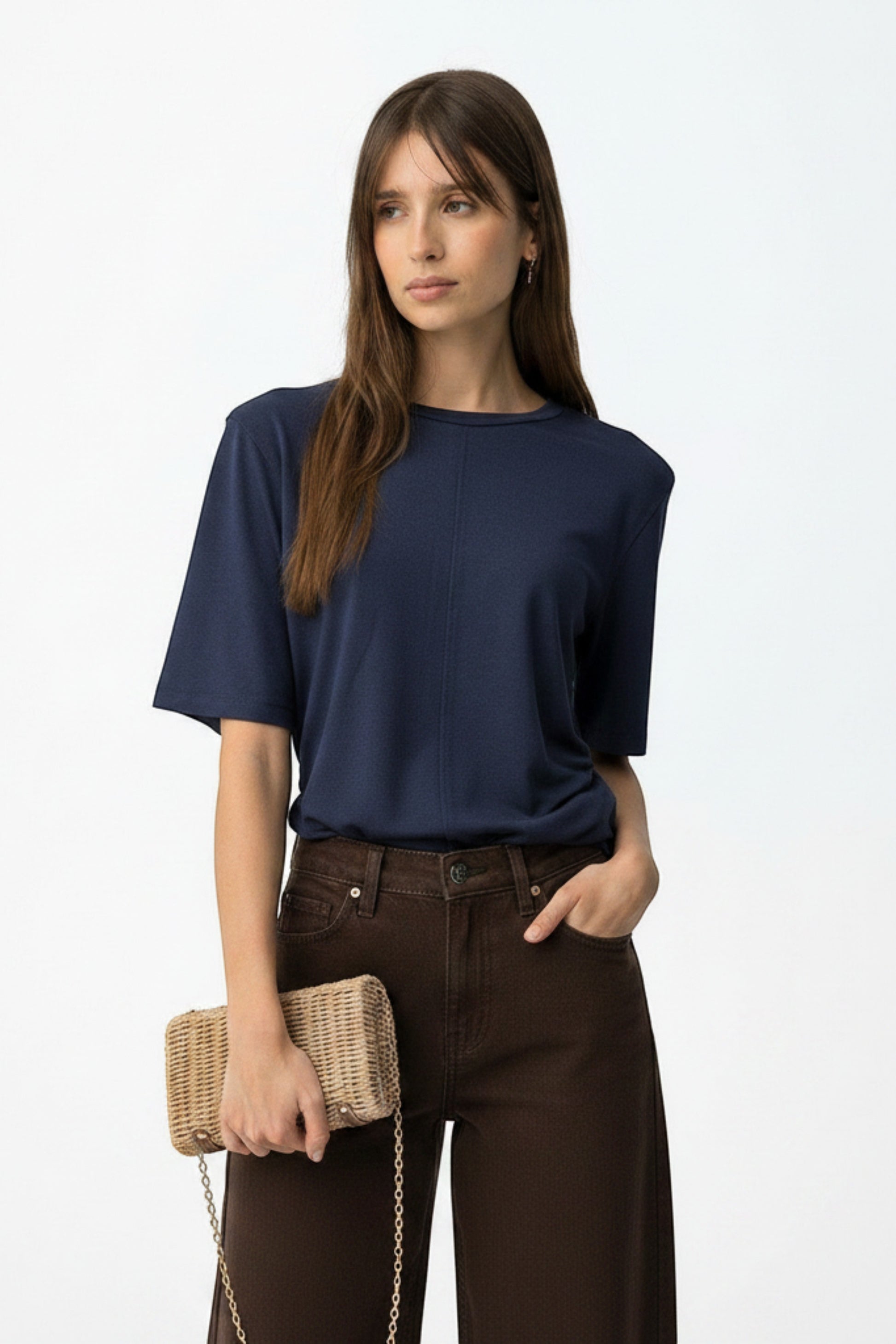 Bob & Bill ISLA TEE in navy blue viscose with puff sleeves and open back detail. Loose fit, follows the body.