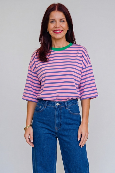 LULU STRIPED BOW TEE - PINK/PURPLE
