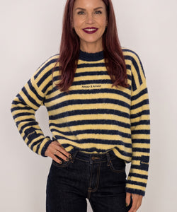 Bob & Bill Maren striped knit sweater in navy and yellow with oversized fit, round neck, and long sleeves.