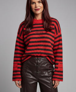 Bob & Bill Maren oversized striped knit sweater in red and chocolate brown with long sleeves and round neck