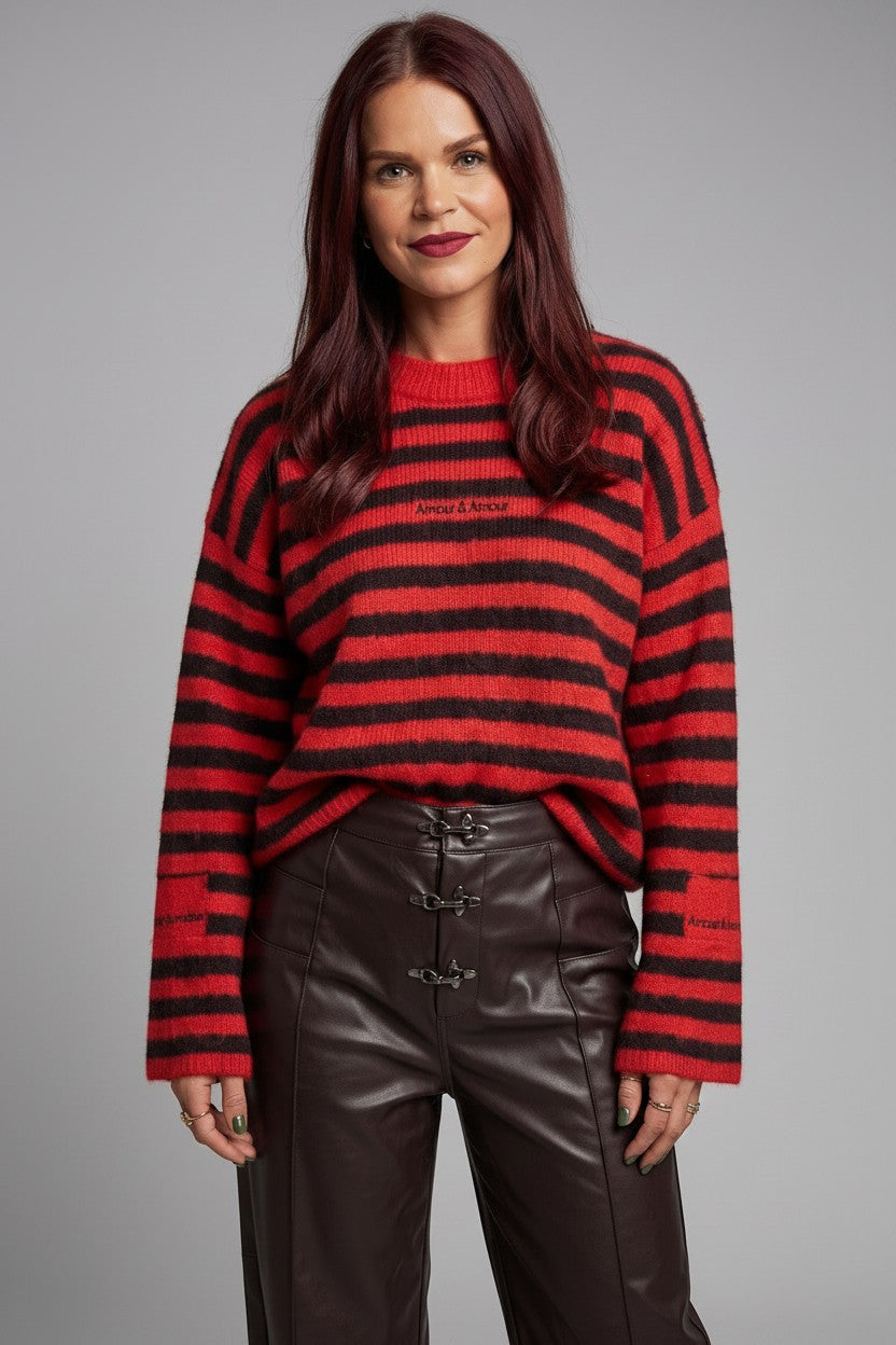 Bob & Bill Maren oversized striped knit sweater in red and chocolate brown with long sleeves and round neck