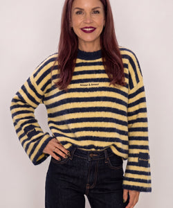 Bob & Bill Maren oversized navy and yellow striped knit sweater with long sleeves and Amour embroidery details.