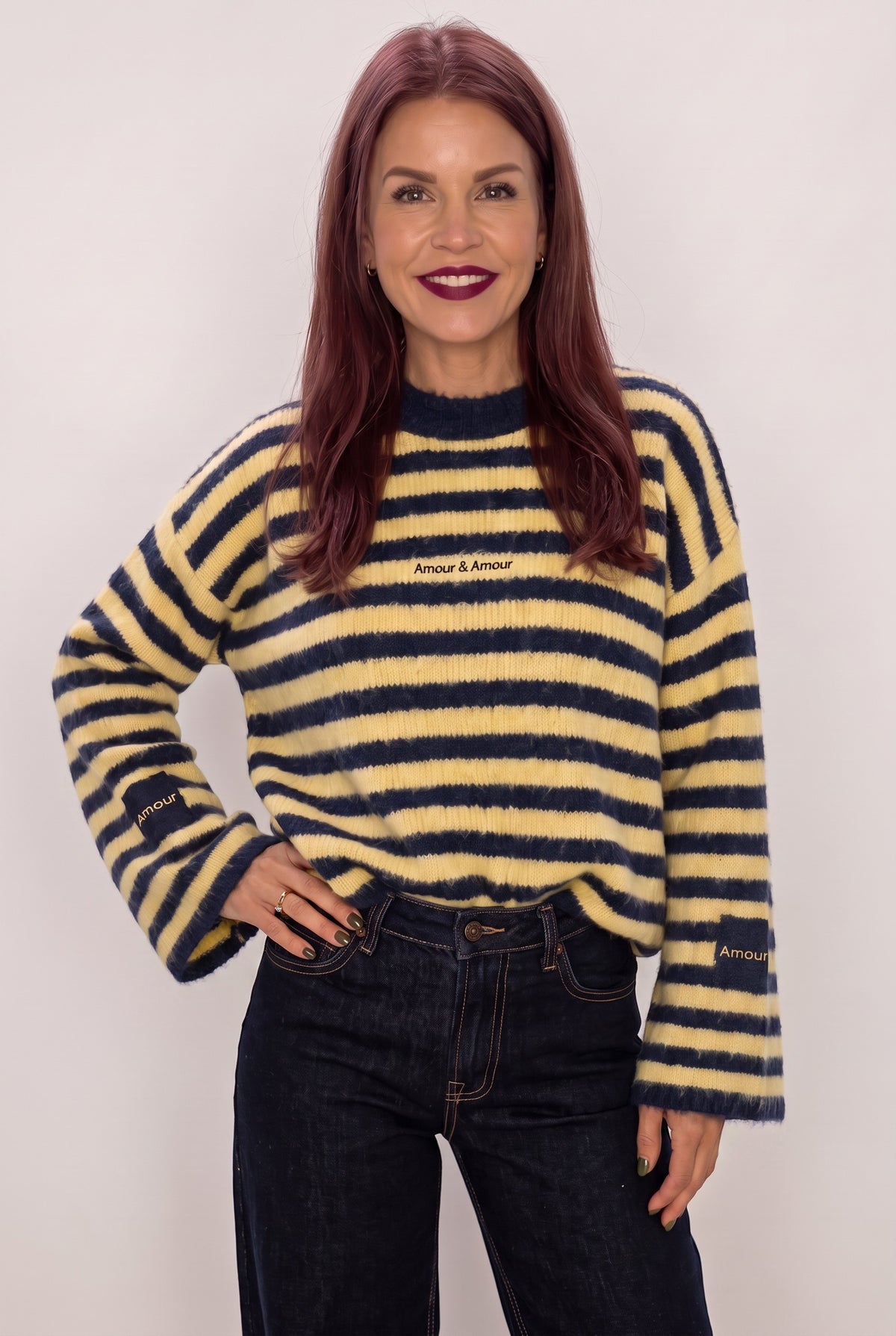 Bob & Bill Maren oversized navy and yellow striped knit sweater with long sleeves and Amour embroidery details.