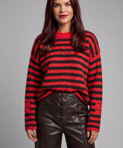 Bob & Bill Maren oversized knit sweater in red and chocolate brown stripes with a round neck and long sleeves.