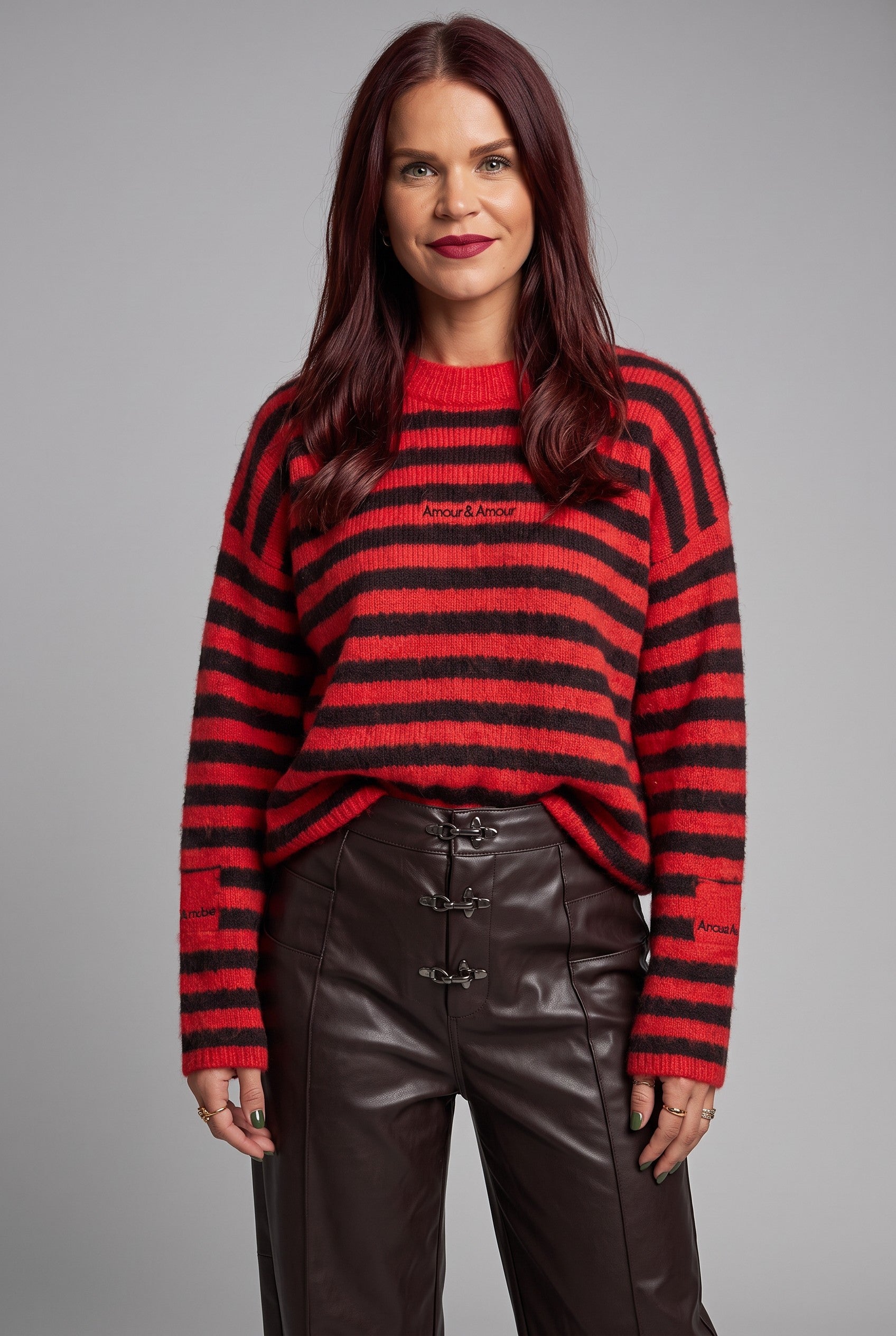 Bob & Bill Maren oversized knit sweater in red and chocolate brown stripes with a round neck and long sleeves.
