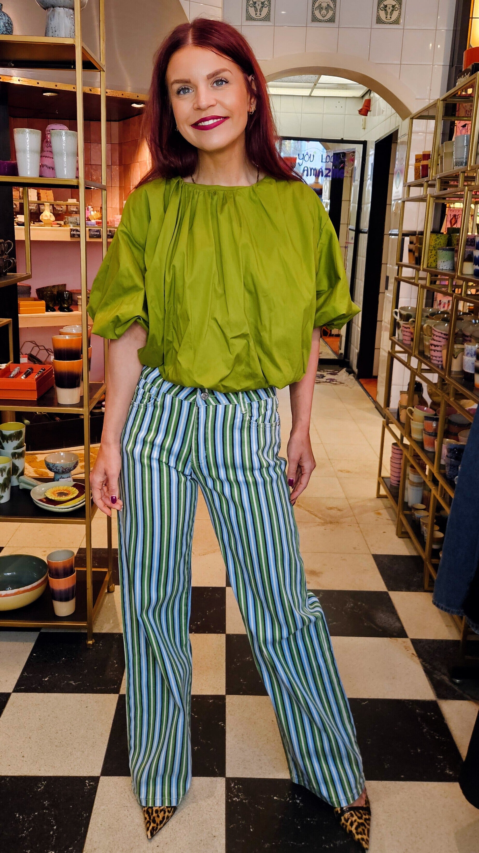 Bob & Bill Mayte broek met multicolor groene en blauwe strepen, wijde pijpen, katoen en elastan