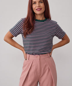 Bob & Bill Nanu striped viscose t-shirt in green with pink and white stripes, featuring a round neck and short sleeves