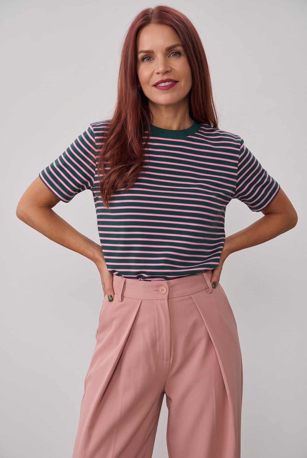 Bob & Bill Nanu striped viscose t-shirt in green with pink and white stripes, featuring a round neck and short sleeves