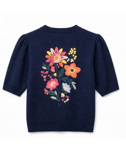 Bob & Bill navy knit short-sleeve sweater featuring a colorful floral embroidery design on the back
