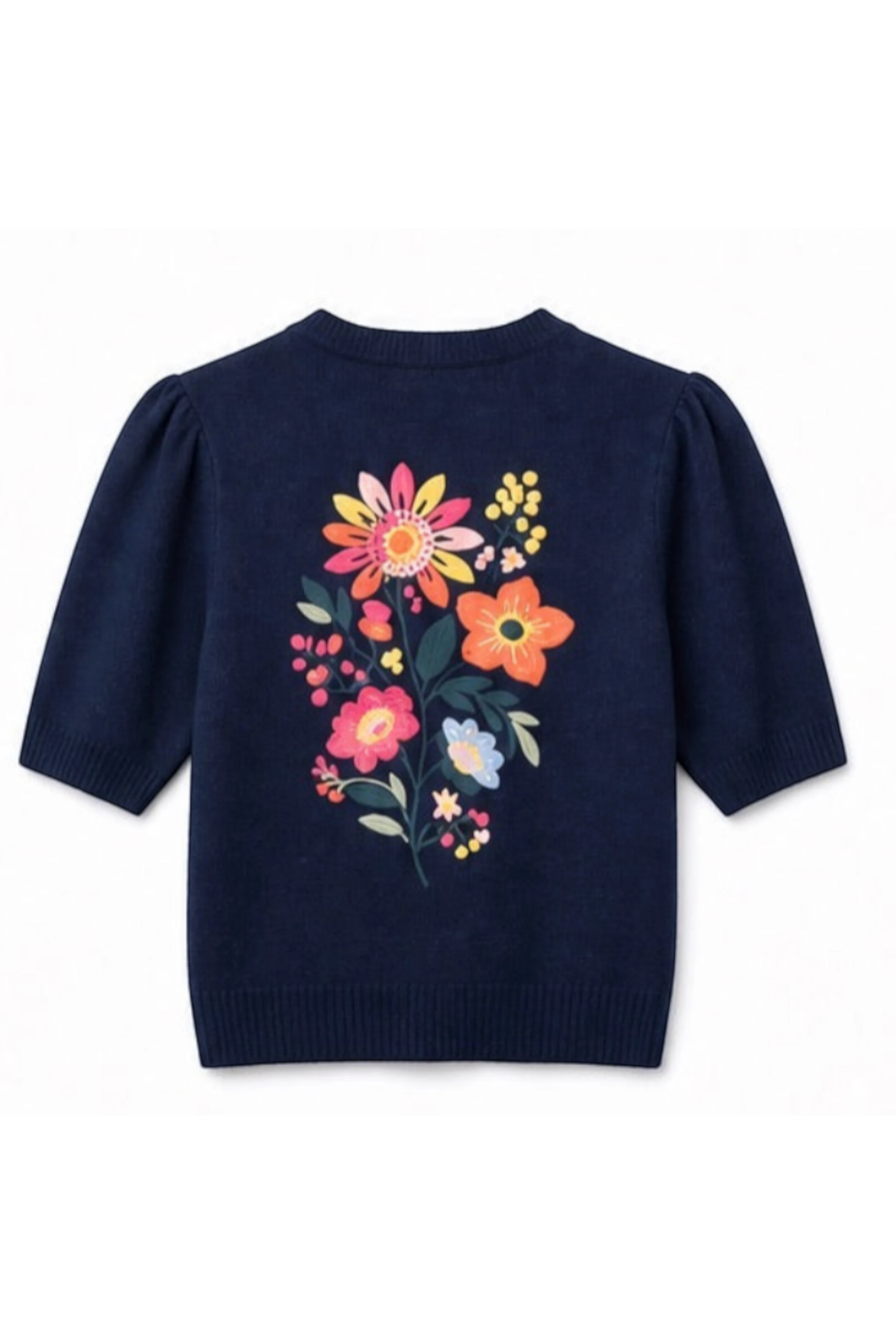 Bob & Bill navy knit short-sleeve sweater featuring a colorful floral embroidery design on the back