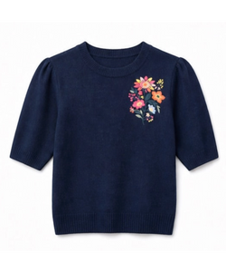 Bob & Bill navy knit sweater with short sleeves, round neck, and colorful floral embroidery on the chest