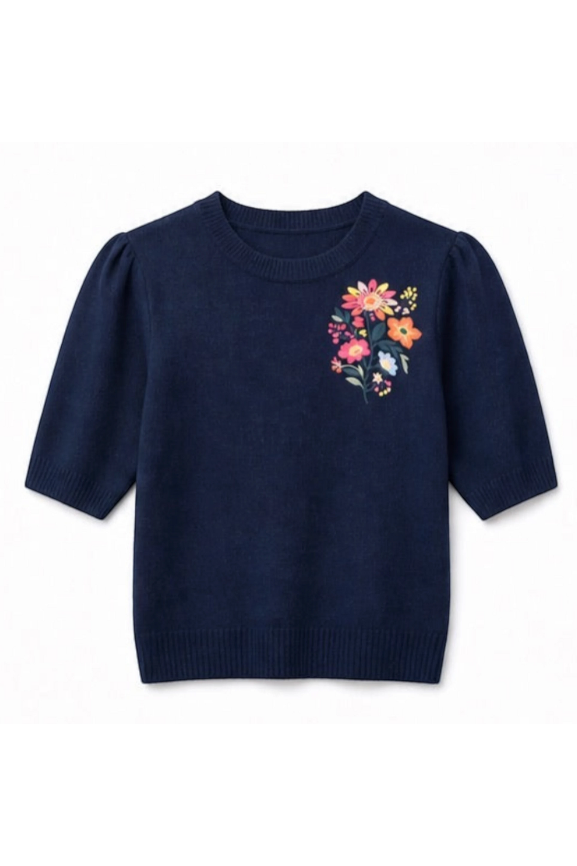 Bob & Bill navy knit sweater with short sleeves, round neck, and colorful floral embroidery on the chest
