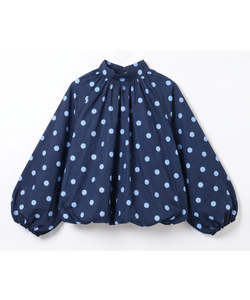 Bob & Bill navy polyester blouse with light blue polka dots, high collar, and voluminous puff sleeves.