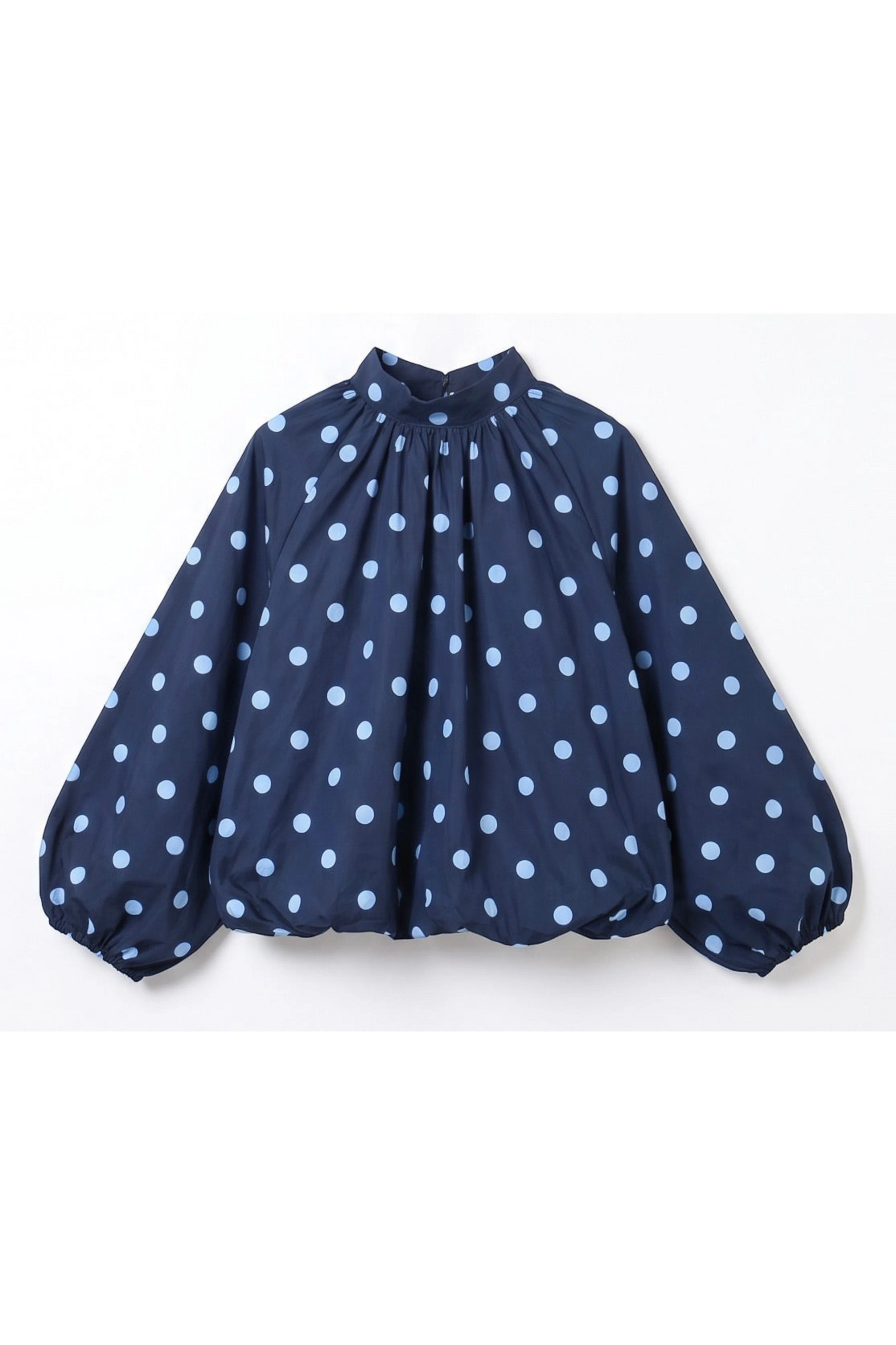 Bob & Bill navy polyester blouse with light blue polka dots, high collar, and voluminous puff sleeves.
