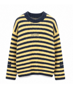 Bob & Bill Maren oversized knit sweater in navy and yellow horizontal stripes with a round neck and long sleeves.