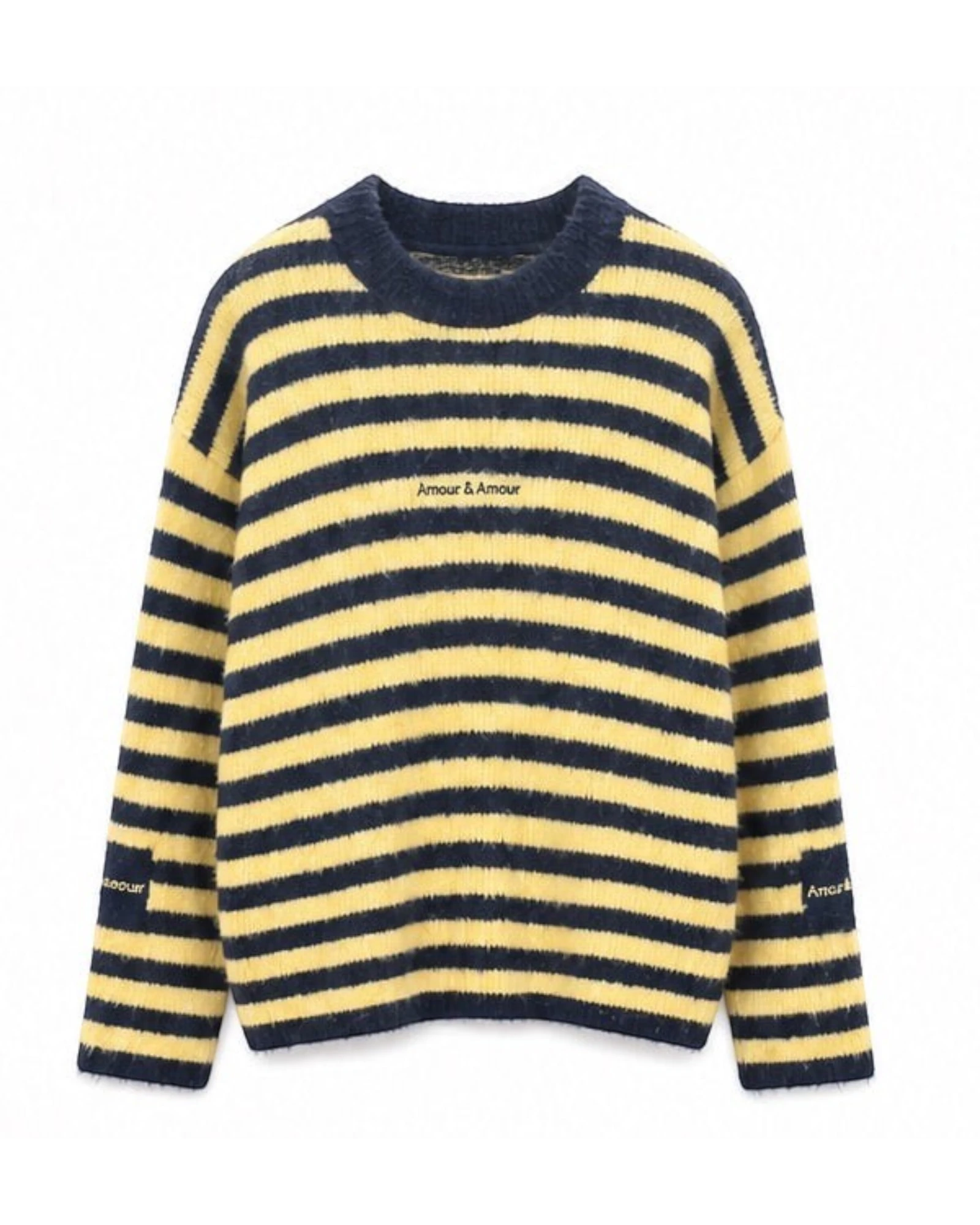 Bob & Bill Maren oversized knit sweater in navy and yellow horizontal stripes with a round neck and long sleeves.