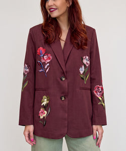 Bob & Bill Nümph Svala oversized fig-coloured blazer with colourful floral embroidery and two-button closure