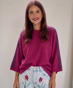 Bob & Bill orchid purple knit sweater with round neck, short wide sleeves, and contrasting stripes on the shoulders.