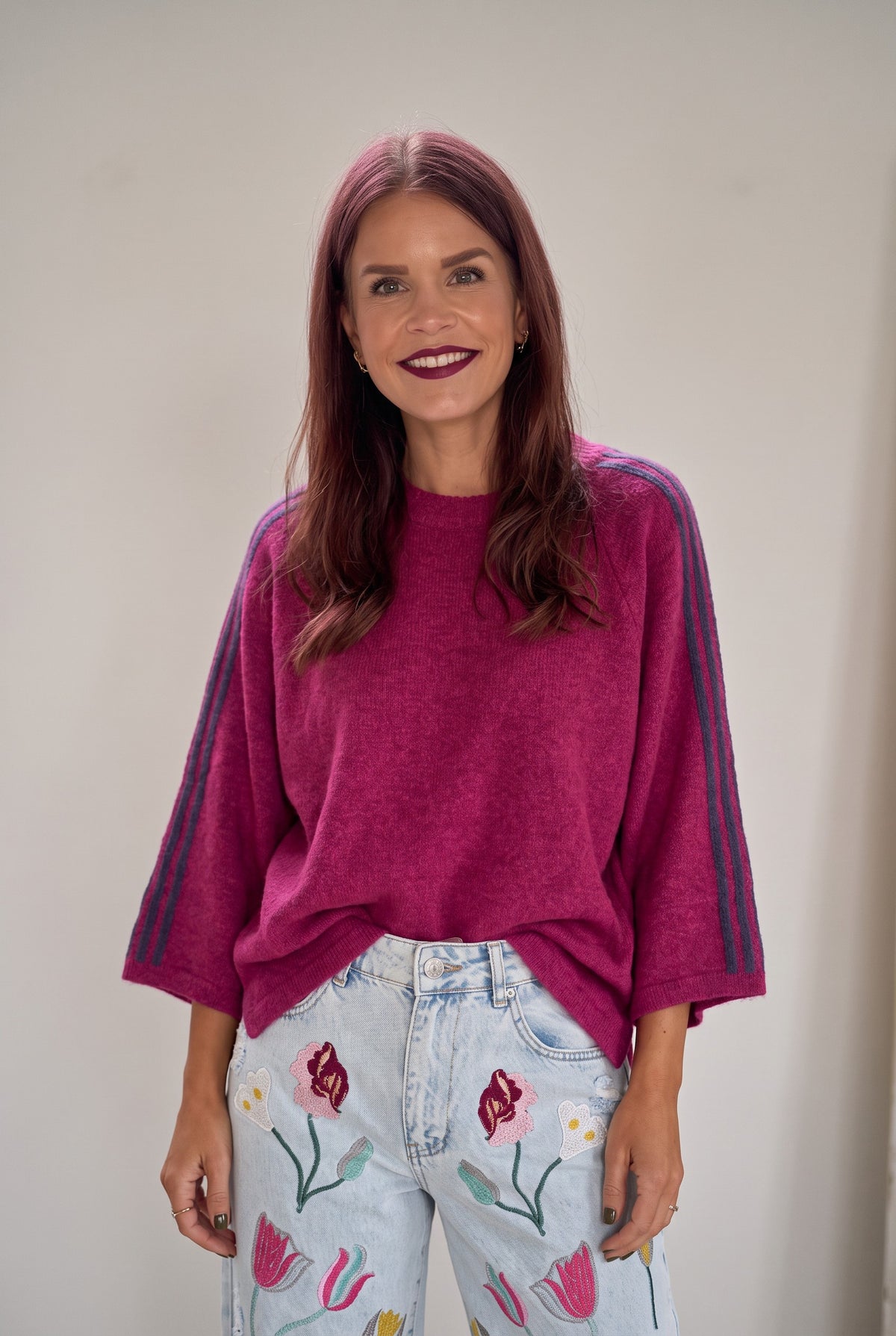 Bob & Bill orchid purple knit sweater with round neck, short wide sleeves, and contrasting stripes on the shoulders.