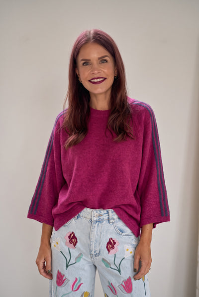Bob & Bill orchid purple knit sweater with round neck, short wide sleeves, and contrasting stripes on the shoulders.
