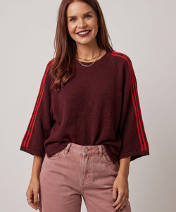 Bob & Bill LUNE knit sweater in prune with orange shoulder stripes, featuring a round neck and wide short sleeves.