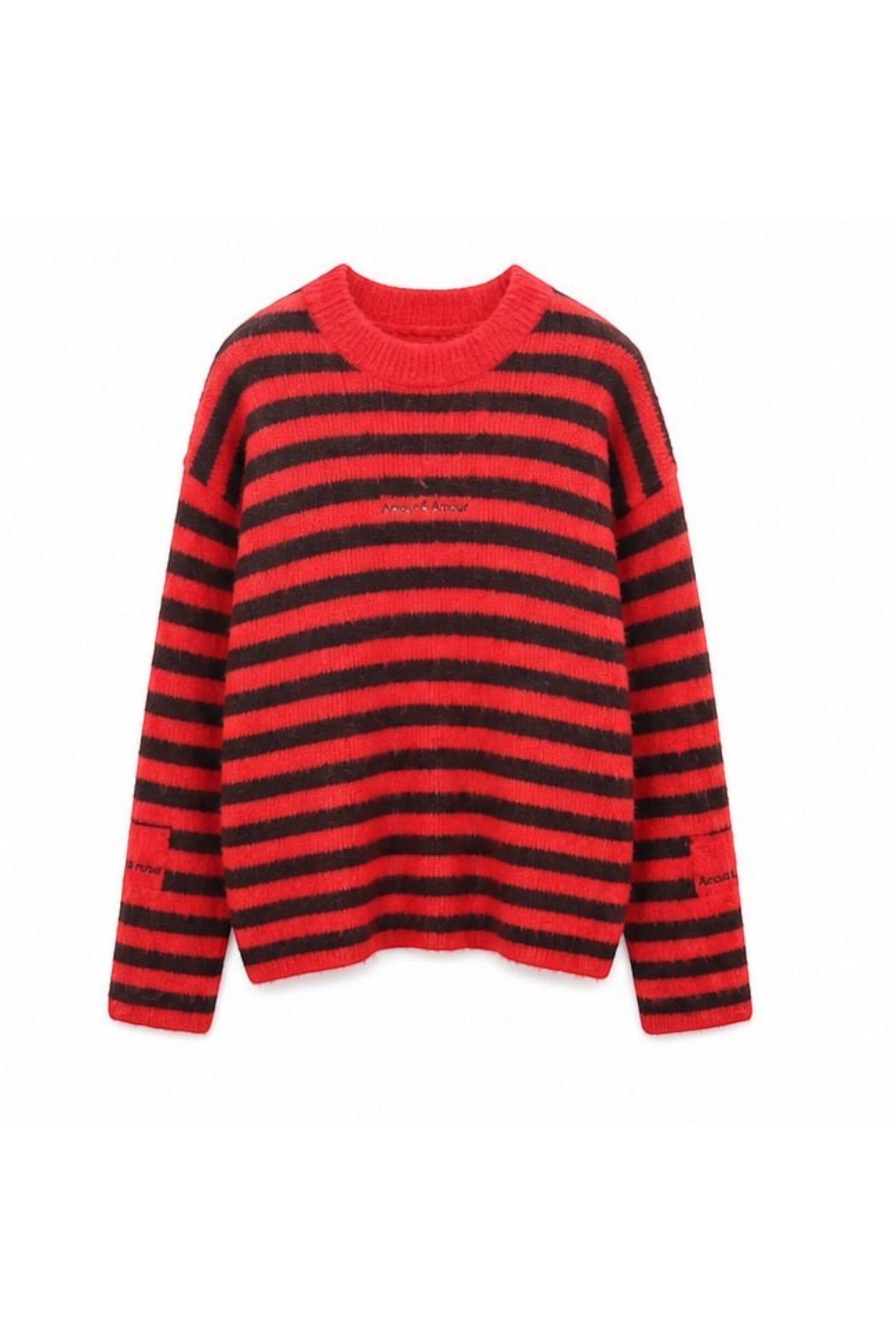 Bob & Bill Maren oversized knit sweater in red and chocolate brown stripes with a round neck and long sleeves.