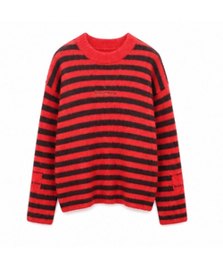 Bob & Bill Maren oversized knit sweater in red and chocolate brown stripes with a round neck and long sleeves.