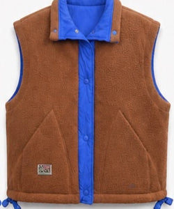 Bob & Bill reversible teddy gilet in brown and royal blue with a button-up front, collar, and adjustable hem.