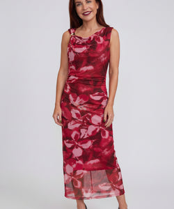 Bob & Bill Robin mesh jurk in rood en roze met asymmetrische halslijn en plooien in de taille