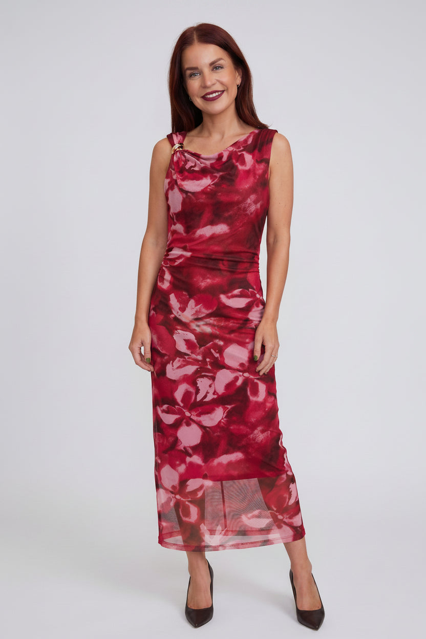 Bob & Bill Robin mesh jurk in rood en roze met asymmetrische halslijn en plooien in de taille