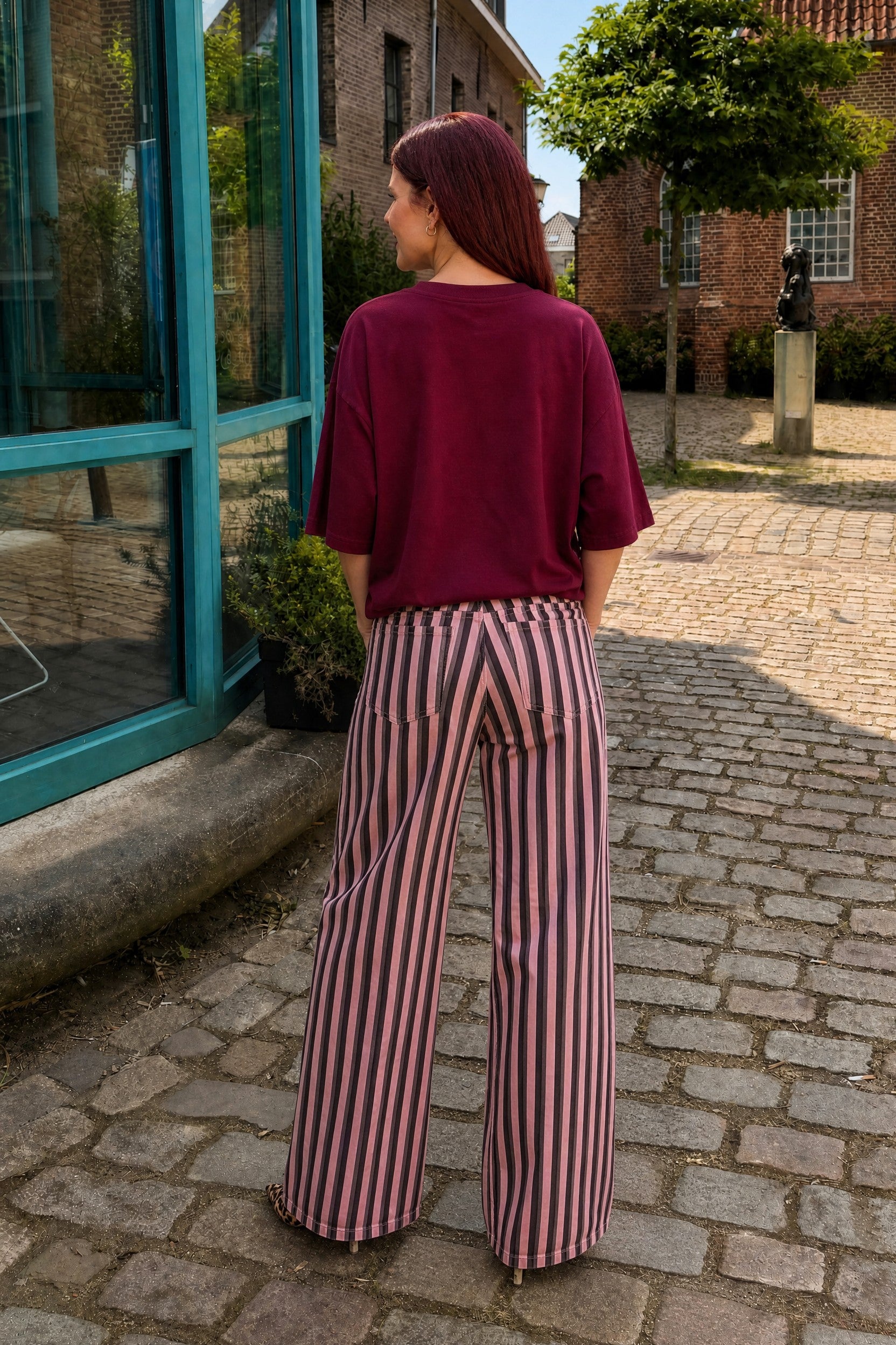 Bob & Bill Romee broek met roze en zwarte strepen, wijde pijpen, hoge taille, katoenmix