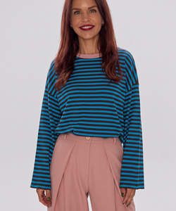 Bob & Bill Sammie long-sleeve striped knit shirt in blue and chocolate brown with a round neckline on a model.
