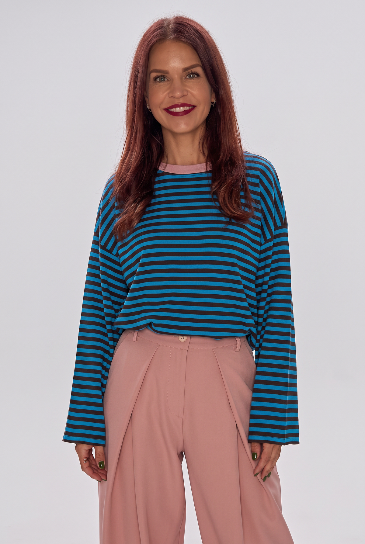 Bob & Bill Sammie long-sleeve striped knit shirt in blue and chocolate brown with a round neckline on a model.
