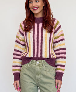 Bob & Bill Sally striped knit sweater in bordeaux, pink, and yellow with ribbed trim worn by a woman