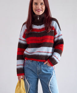 BOWIE STRIPED ZIPPER PULLOVER - CHOCO