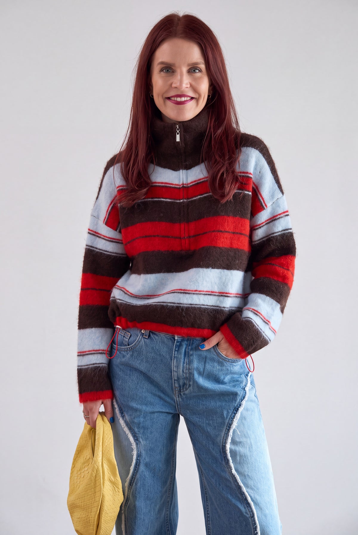 BOWIE STRIPED ZIPPER PULLOVER - CHOCO