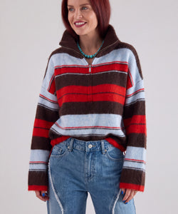 BOWIE STRIPED ZIPPER PULLOVER - CHOCO