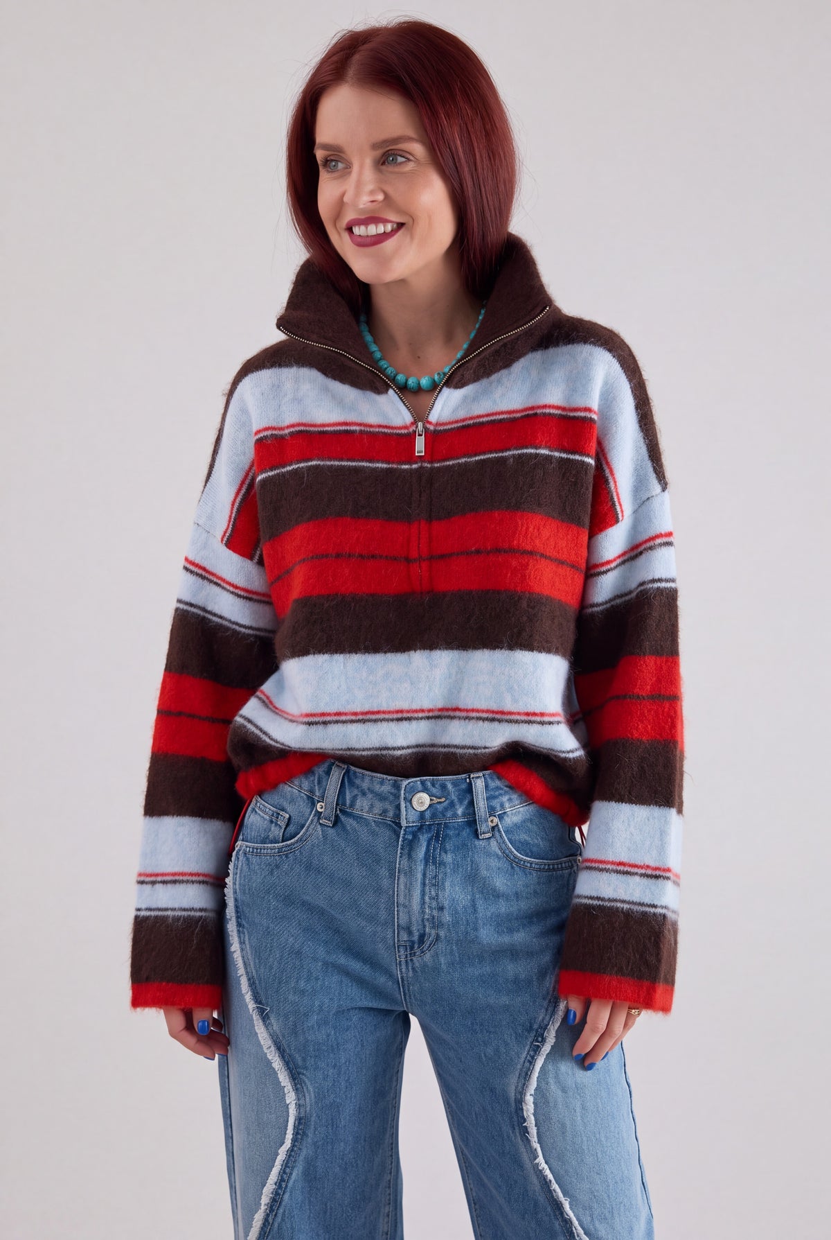 BOWIE STRIPED ZIPPER PULLOVER - CHOCO