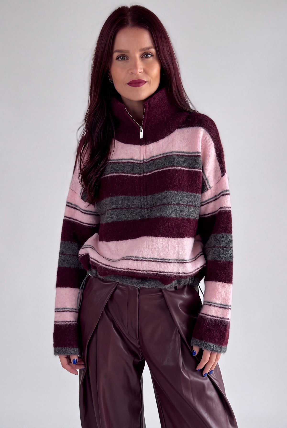 BOWIE STRIPED ZIPPER PULLOVER - BORDEAUX