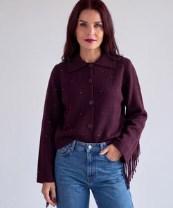 CARRIE FRINGE CARDIGAN - BURGUNDY
